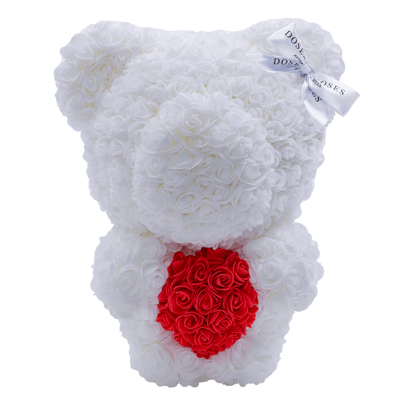 White Love Heart Standing Rose Bear
